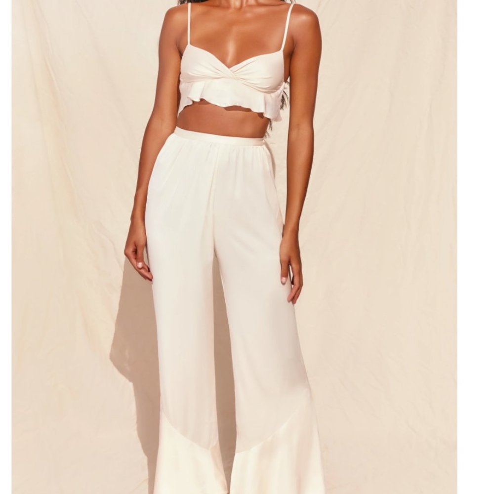 Oh Polly Luxury Escape Frill Wrap Front Satin Bralet & Frill Wide Leg Trousers